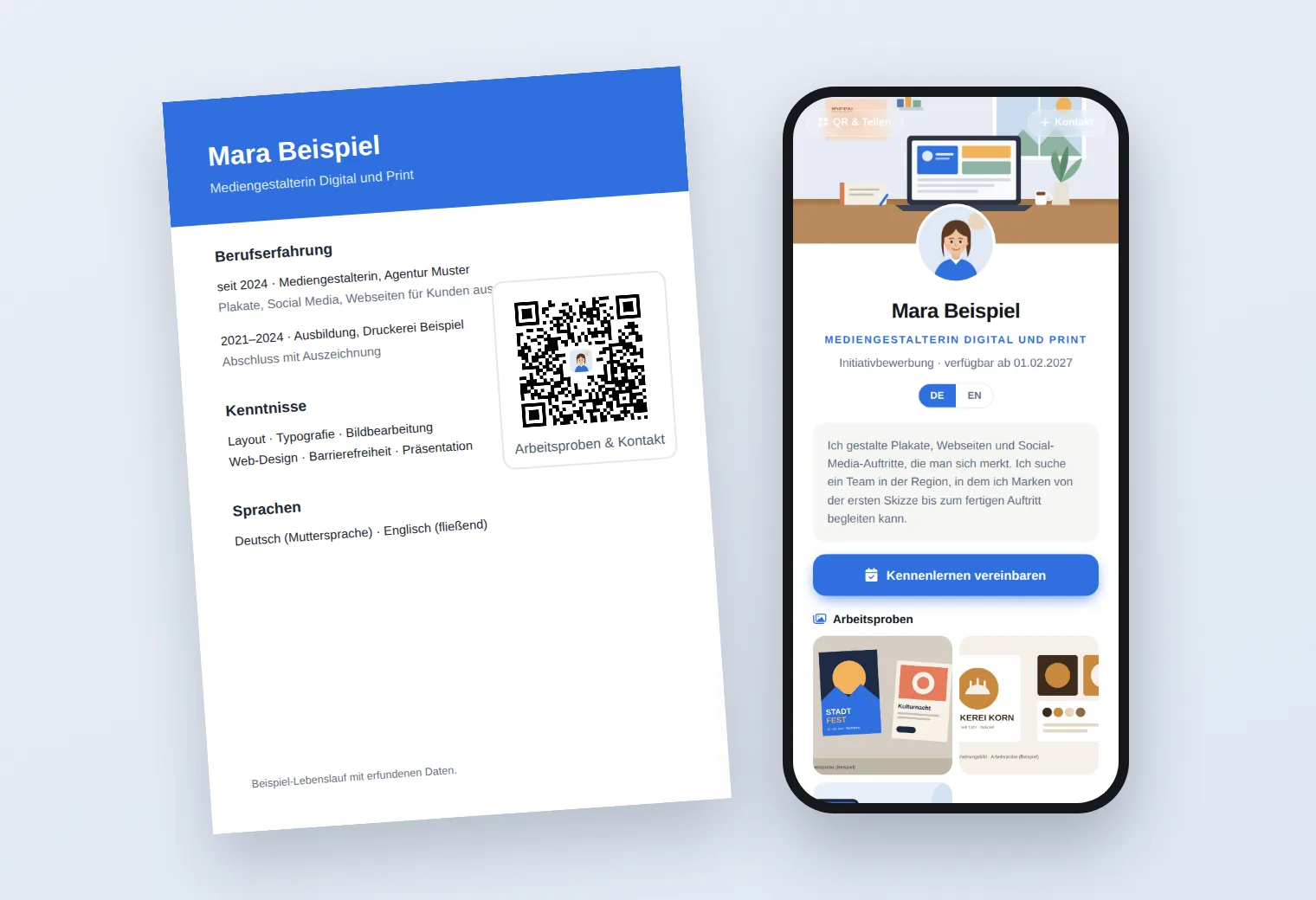 Lebenslauf von Mara Beispiel mit kleinem QR-Code neben den Kontaktdaten, daneben ein Handy mit der geöffneten Bewerbungskarte