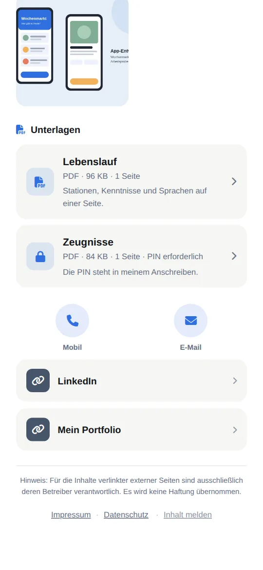 Abschnitt „Unterlagen“ mit Lebenslauf und Zeugnissen (PIN erforderlich), darunter Anruf, E-Mail, LinkedIn und Portfolio