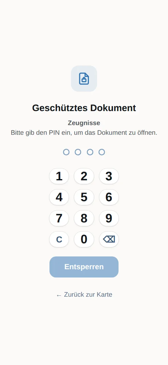 Seite „Geschütztes Dokument – Zeugnisse“ mit Ziffernfeld zur PIN-Eingabe