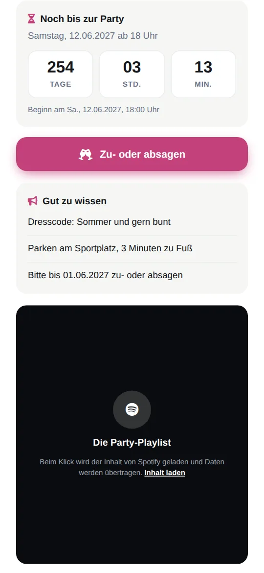 Countdown „Noch bis zur Party“ mit Tagen, Stunden und Minuten, darunter der Knopf „Zu- oder absagen“