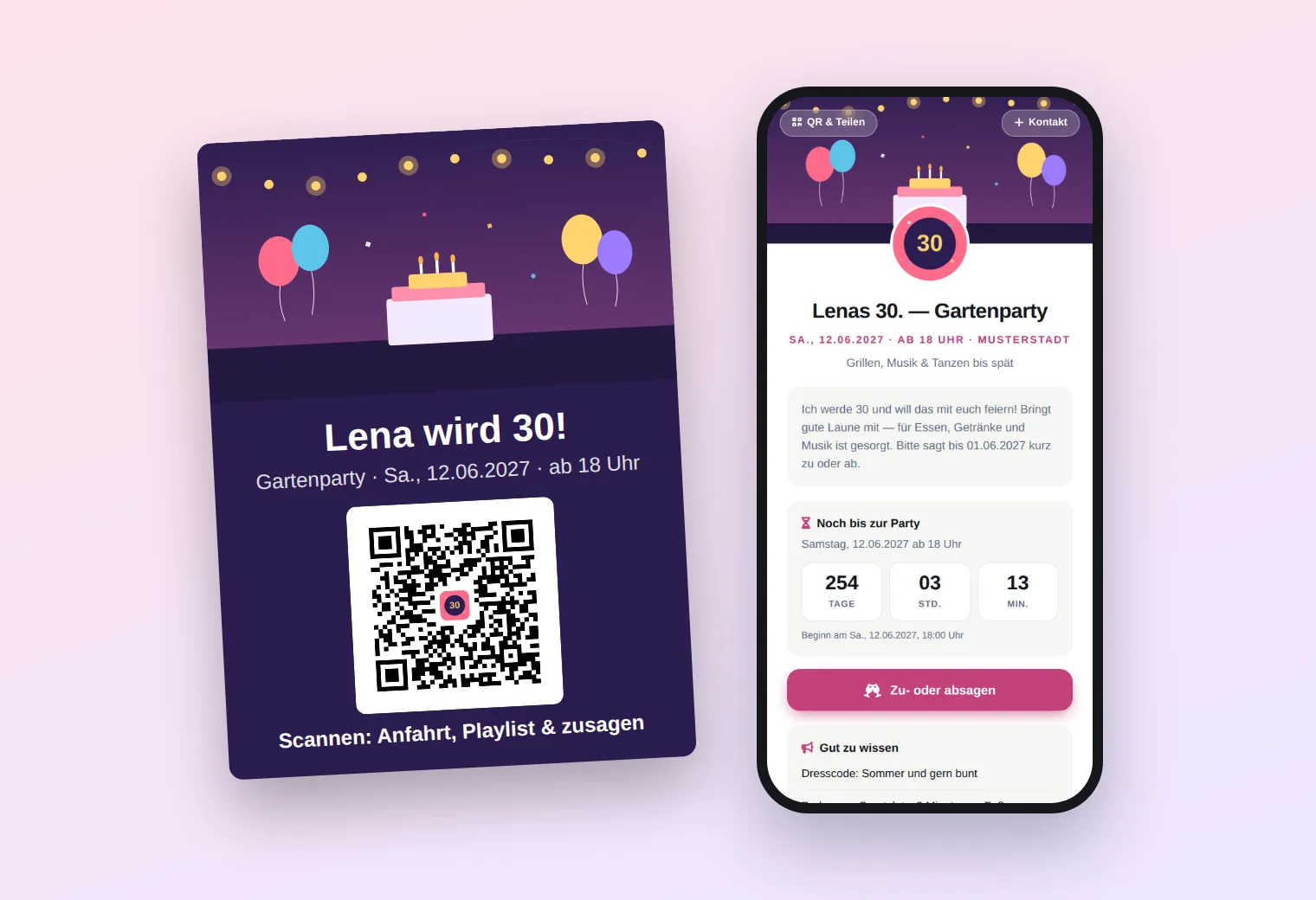 Gedruckte Einladungskarte „Lena wird 30!“ mit QR-Code, daneben ein Handy mit der geöffneten digitalen Einladung