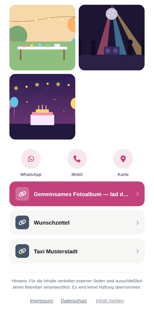 Kontaktknöpfe und Links „Gemeinsames Fotoalbum“, „Wunschzettel“ und „Taxi Musterstadt“