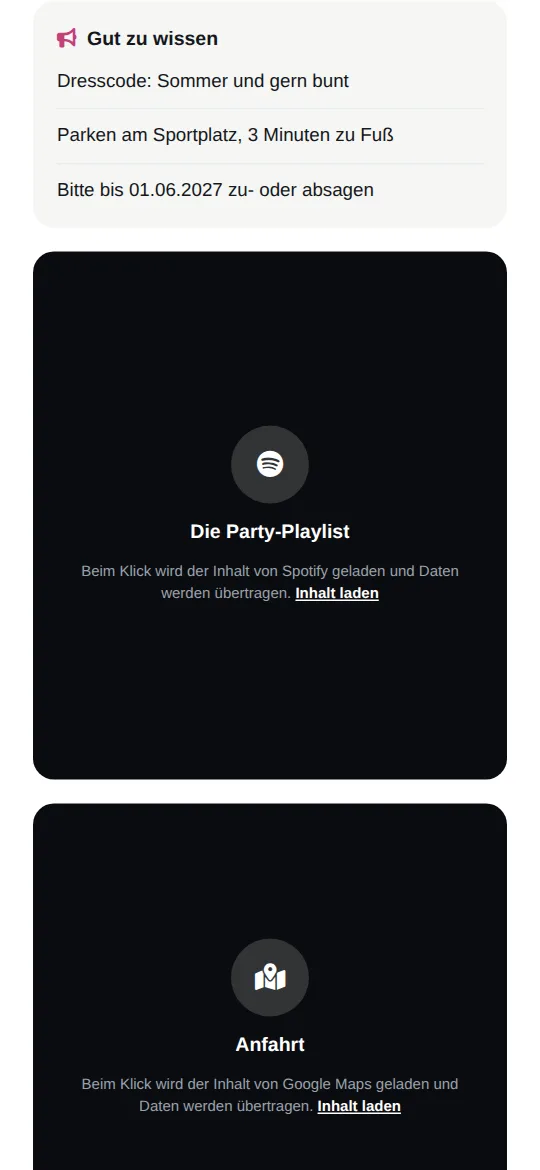 Hinweise zu Dresscode, Parken und Zusagefrist, darunter die eingebettete Playlist