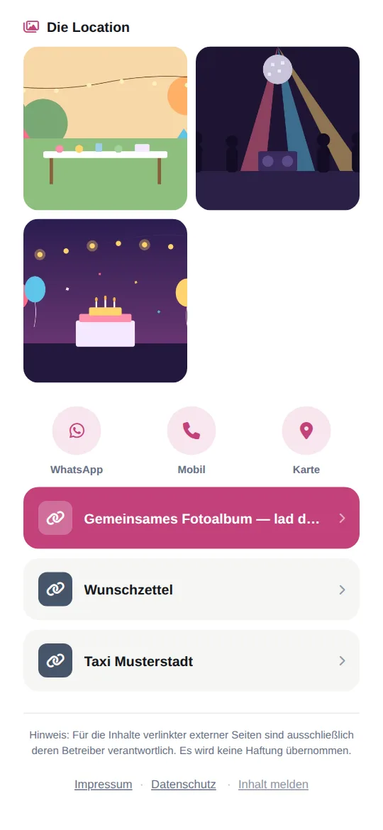 Galerie „Die Location“ mit Garten, Tanzfläche und Torte