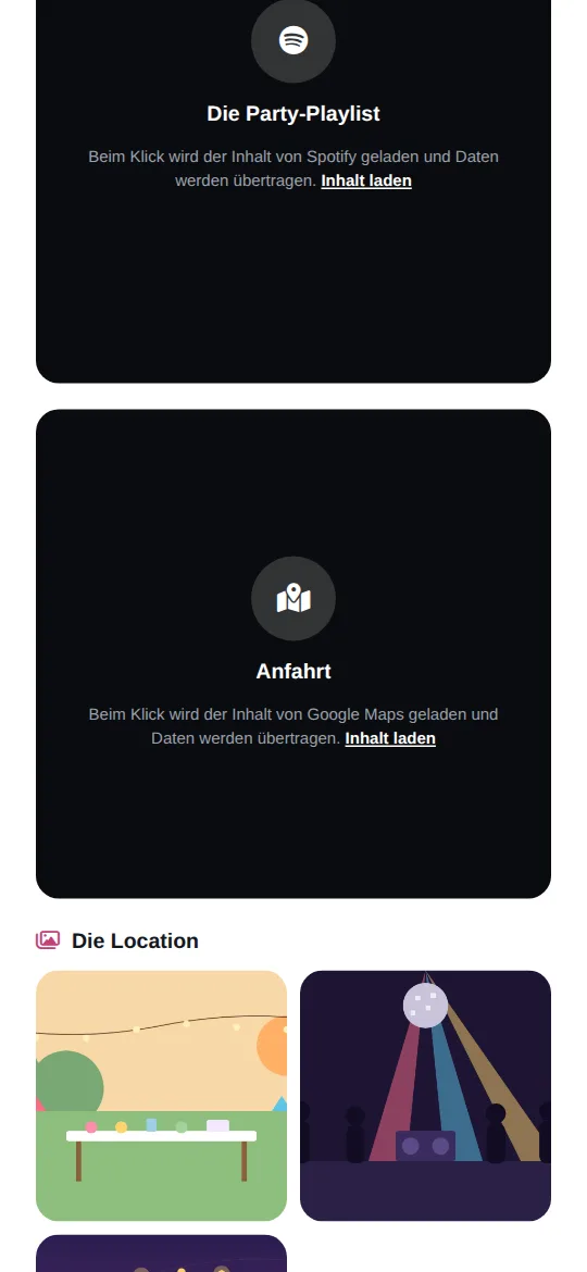 Eingebettete Spotify-Playlist und Google-Maps-Anfahrt mit Zwei-Klick-Hinweis