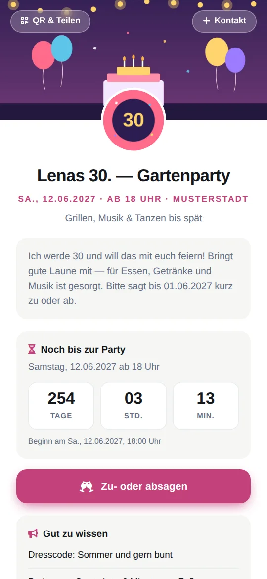 Digitale Party-Einladung „Lenas 30. — Gartenparty“ auf dem Handy: Titelbild mit Luftballons und Torte, Datum, Einladungstext, Countdown und Knopf „Zu- oder absagen“