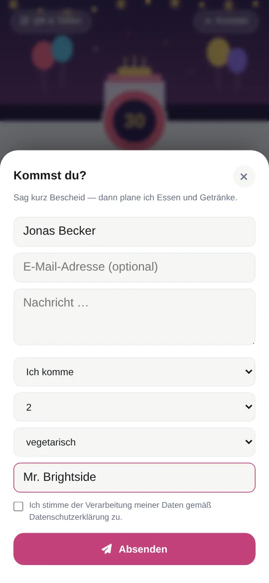 Formular „Kommst du?“ mit Name, Auswahl „Ich komme“, zwei Personen, vegetarisch und Songwunsch