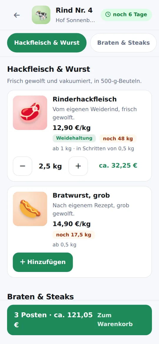 Fleisch-Vorbestellung auf dem Handy: Hackfleisch mit 2,5 kg im Warenkorb, Bratwurst mit Restmenge, unten die Leiste „3 Posten · ca. 121,05 €“ und „Zum Warenkorb“