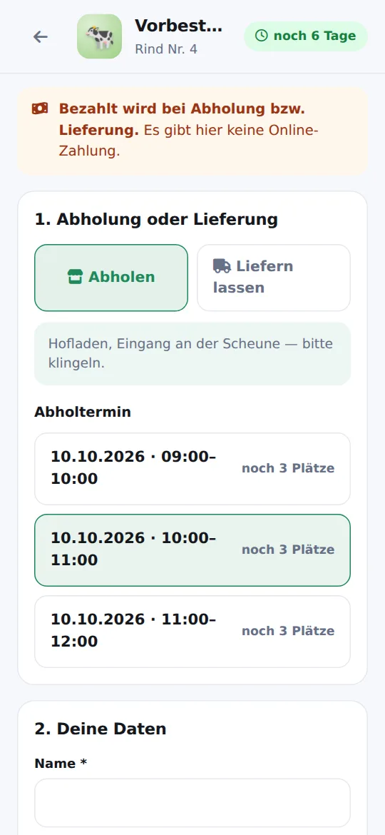 Warenkorb auf dem Handy: Hinweis „Bezahlt wird bei Abholung“, Wahl zwischen Abholen und Liefern lassen, drei Abholtermine mit freien Plätzen