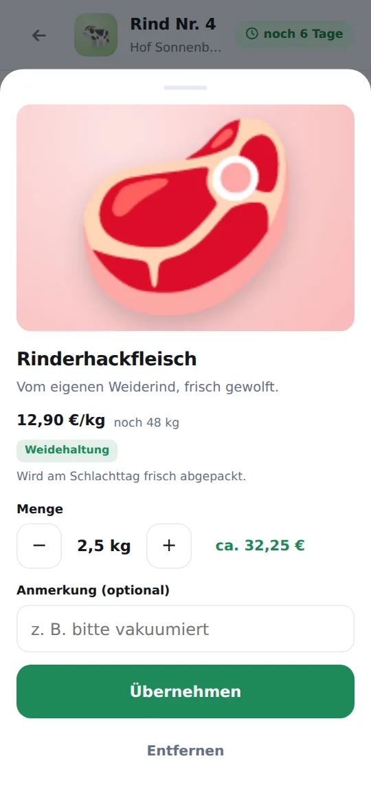Produktfenster Hackfleisch: 12,90 € je Kilo, Menge 2,5 kg eingestellt, Preis ca. 32,25 €, Feld für eine Anmerkung