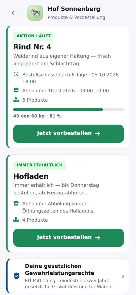 Übersicht auf dem Handy: laufende Aktion „Rind Nr. 4“ mit Bestellschluss, Abholtermin und 49 von 60 kg verkauft, darunter das Hofladen-Sortiment