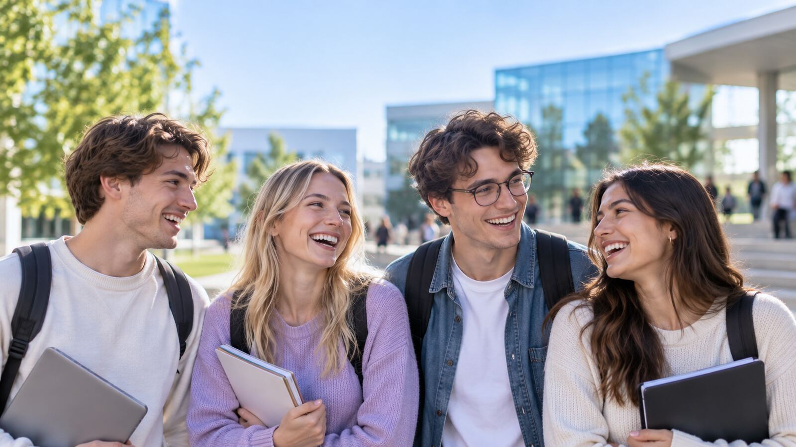 Zdjęcie grupowe wygenerowane przez AI: czworo roześmianych studentów obok siebie