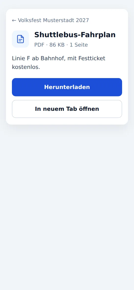 Dokumentseite „Shuttlebus-Fahrplan“ mit den Knöpfen „Herunterladen“ und „In neuem Tab öffnen“