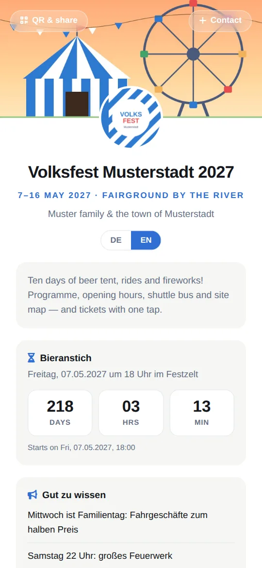 Dieselbe Festseite auf Englisch: „7–16 May 2027 · fairground by the river“