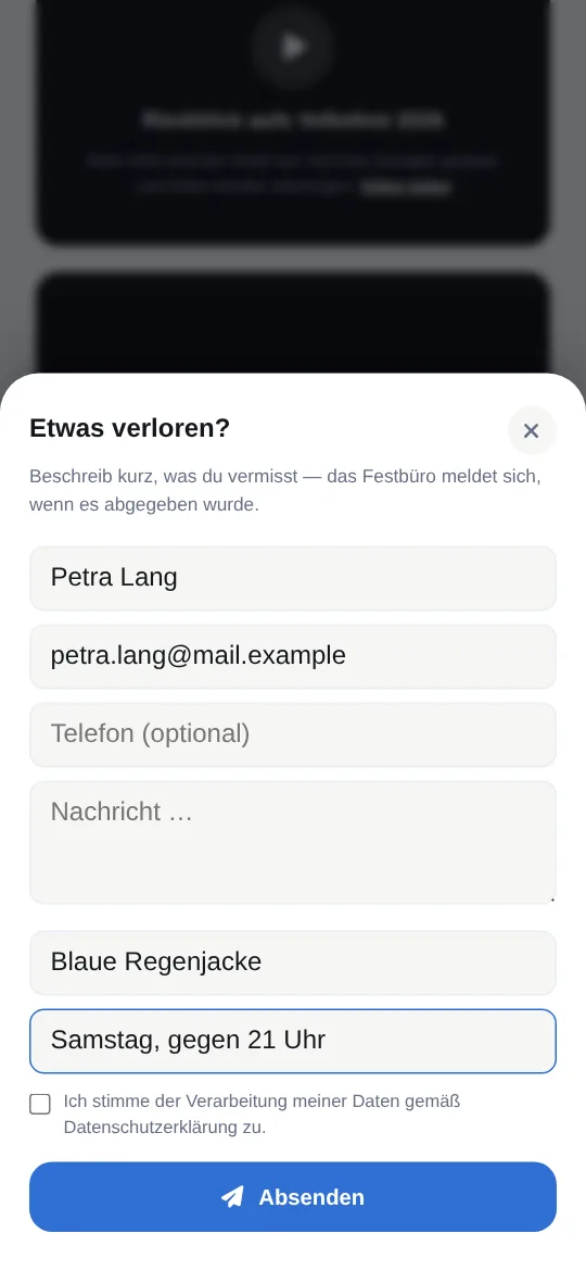 Formular „Etwas verloren?“ mit Name, E-Mail, „Blaue Regenjacke“ und „Samstag, gegen 21 Uhr“