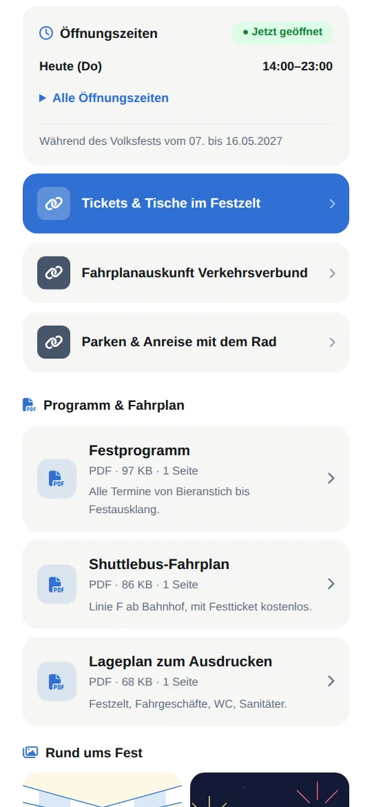 Öffnungszeiten mit „Jetzt geöffnet“, darunter die Links „Tickets & Tische im Festzelt“, Fahrplanauskunft und Anreise