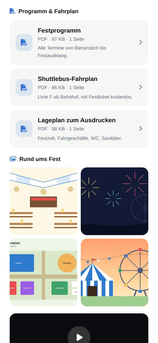 Abschnitt „Programm & Fahrplan“ mit Festprogramm, Shuttlebus-Fahrplan und Lageplan als PDF