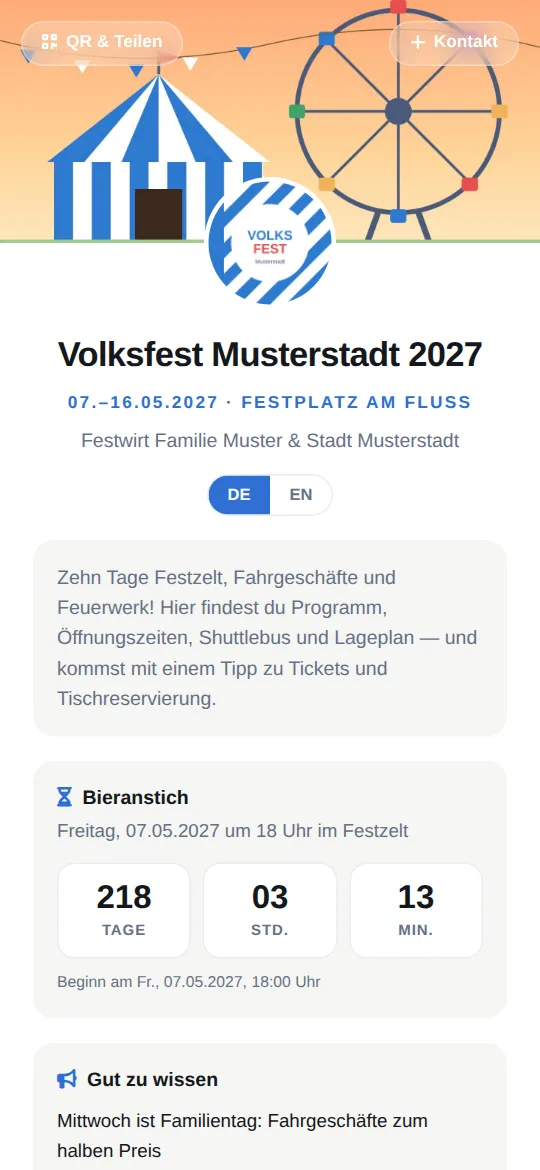 Festseite „Volksfest Musterstadt 2027“ auf dem Handy: Titelbild mit Festzelt und Riesenrad, Datum, Beschreibung und Countdown zum Bieranstich